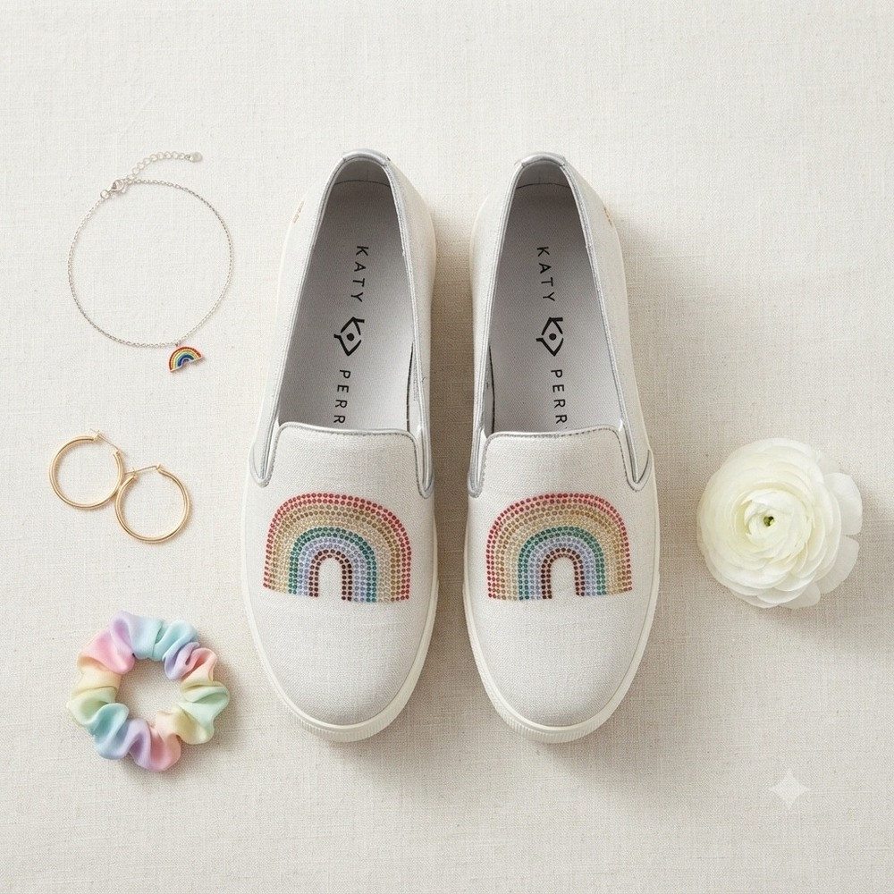 Katy Perry The Kerry Slip On Sneakers Womens 7 Silver Rhinestone Rainbow Sparkle